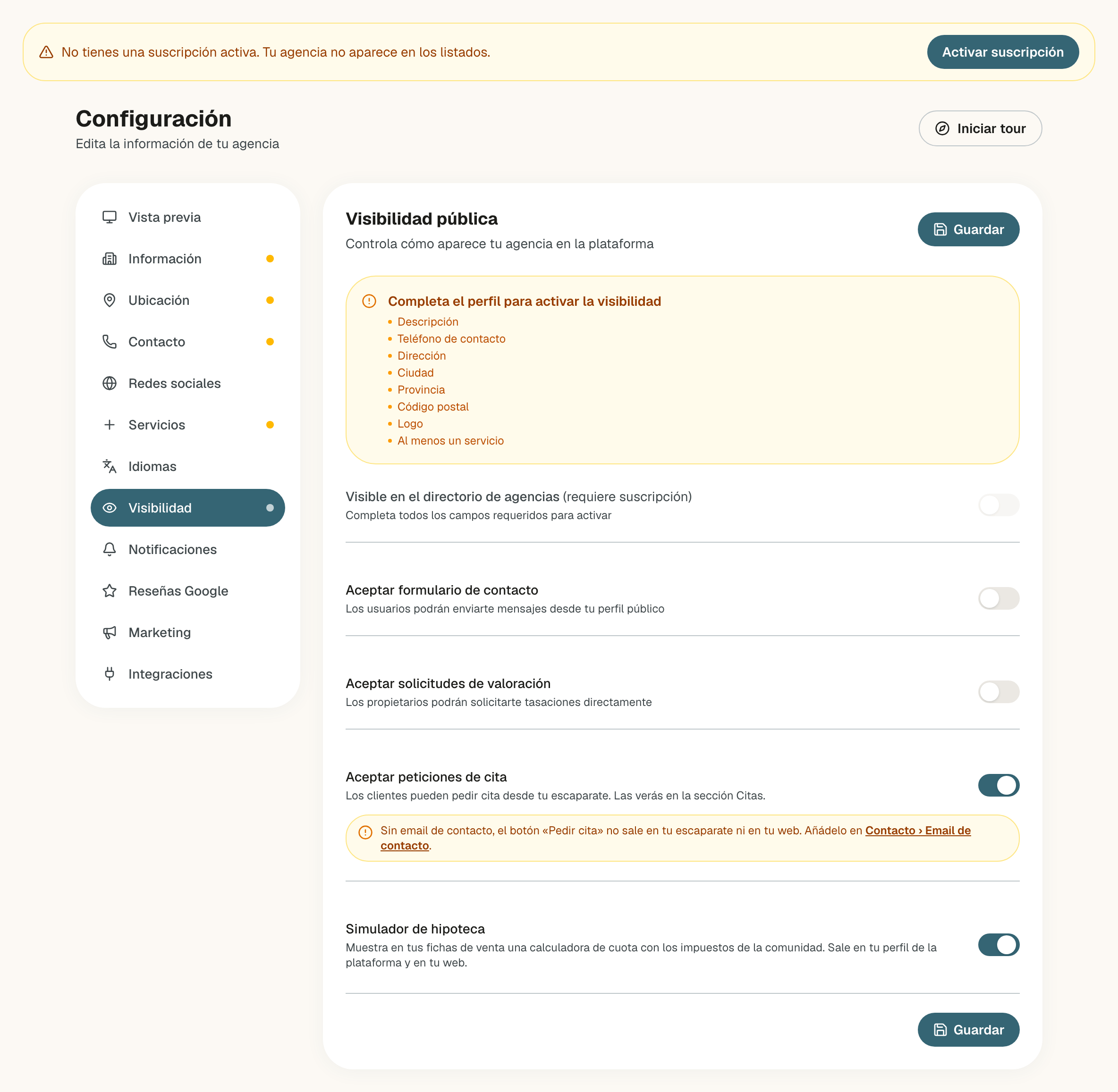 Visibilidad de una agencia recién registrada: el aviso Completa el perfil para activar la visibilidad con los ocho campos que faltan, el interruptor de visibilidad apagado y gris, Aceptar formulario de contacto y Aceptar solicitudes de valoración apagados, Aceptar peticiones de cita y Simulador de hipoteca encendidos, y un aviso de que sin email de contacto el botón Pedir cita no sale