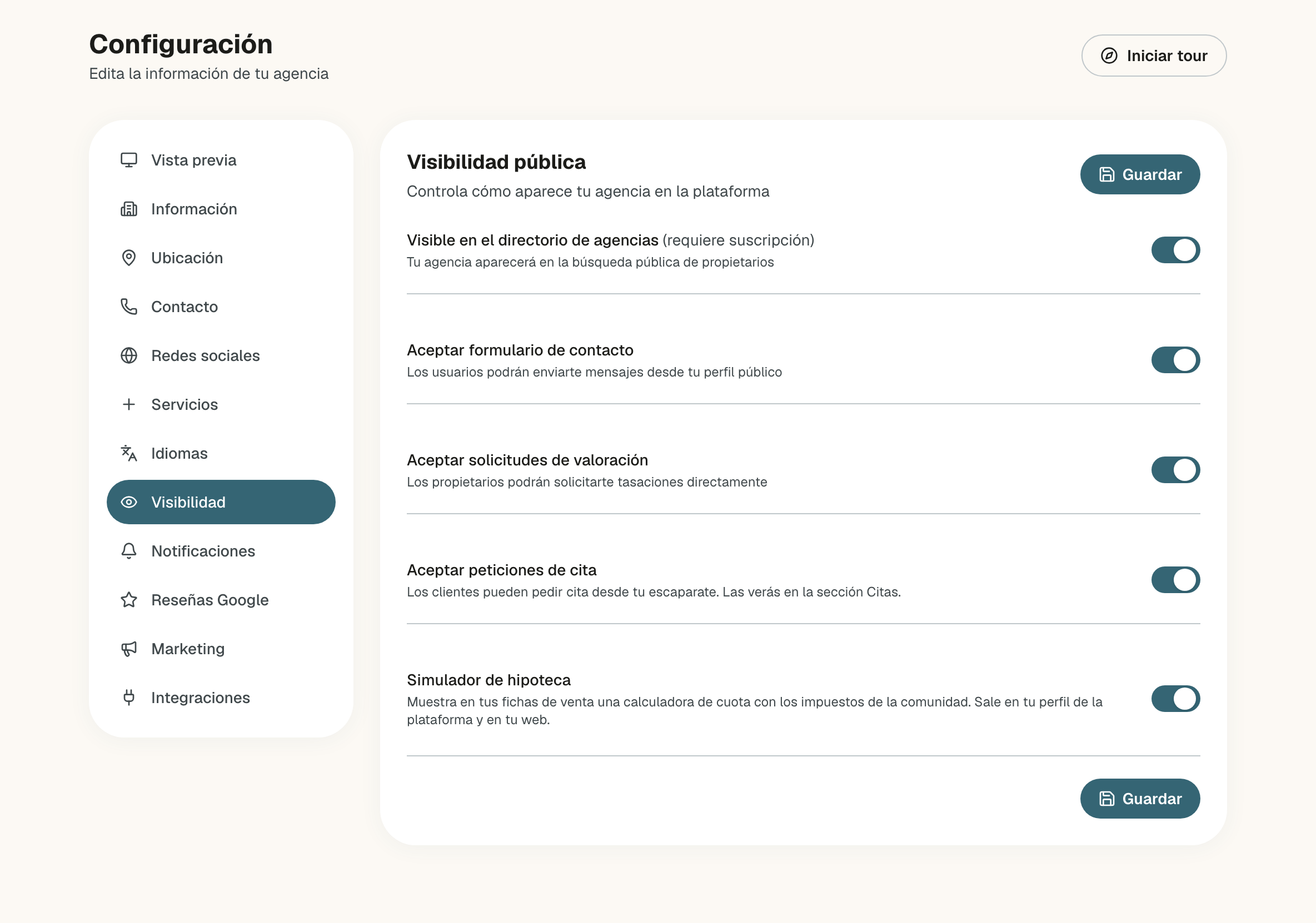 Visibilidad de una agencia publicada con los cinco interruptores encendidos: Visible en el directorio de agencias, Aceptar formulario de contacto, Aceptar solicitudes de valoración, Aceptar peticiones de cita y Simulador de hipoteca