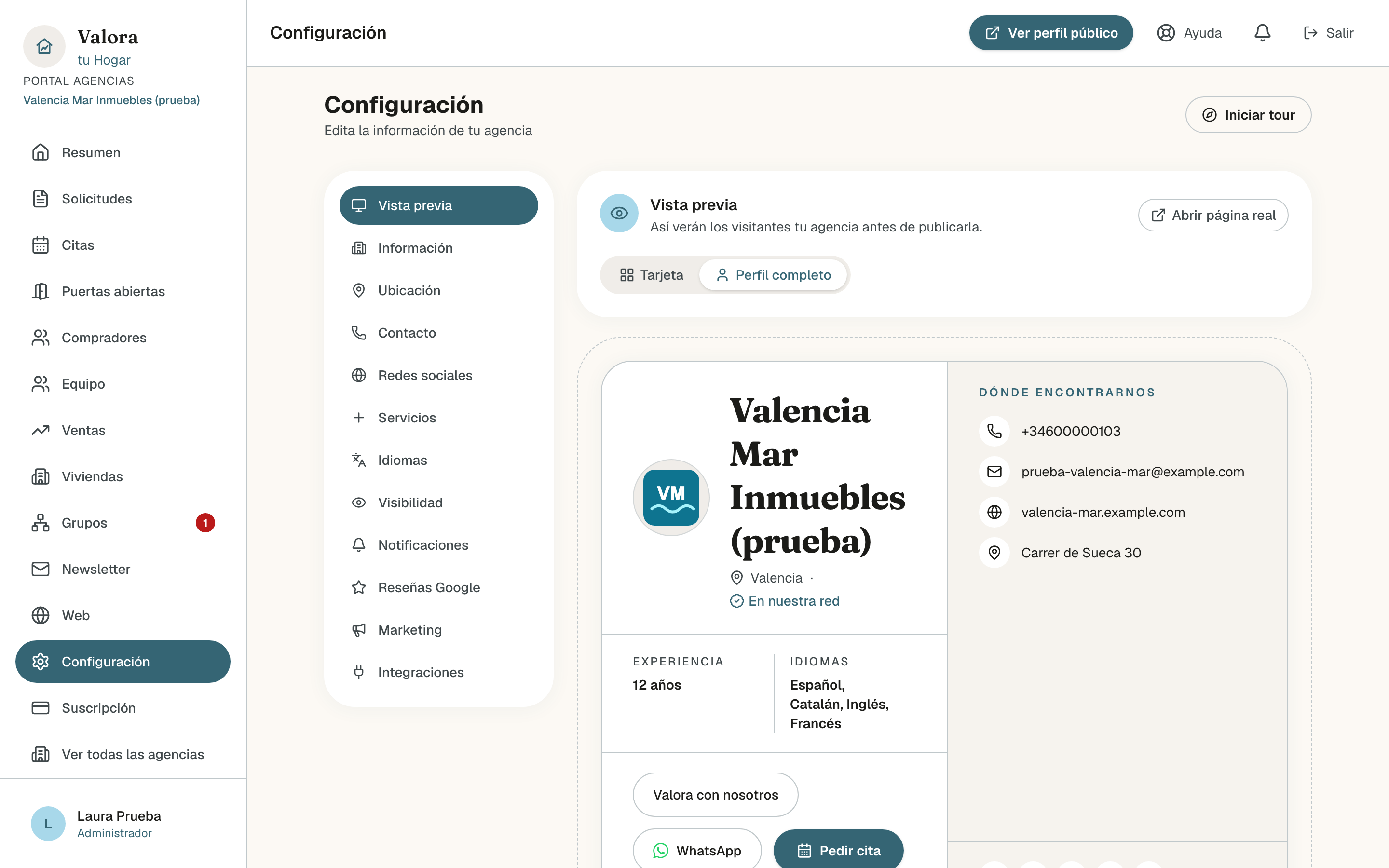 Vista previa en la pestaña Perfil completo: la cabecera con el logo, el nombre, Valencia, la experiencia y los idiomas, los botones Valora con nosotros, WhatsApp y Pedir cita, y Dónde encontrarnos con el teléfono, el email, la web y la dirección; arriba a la derecha, Abrir página real