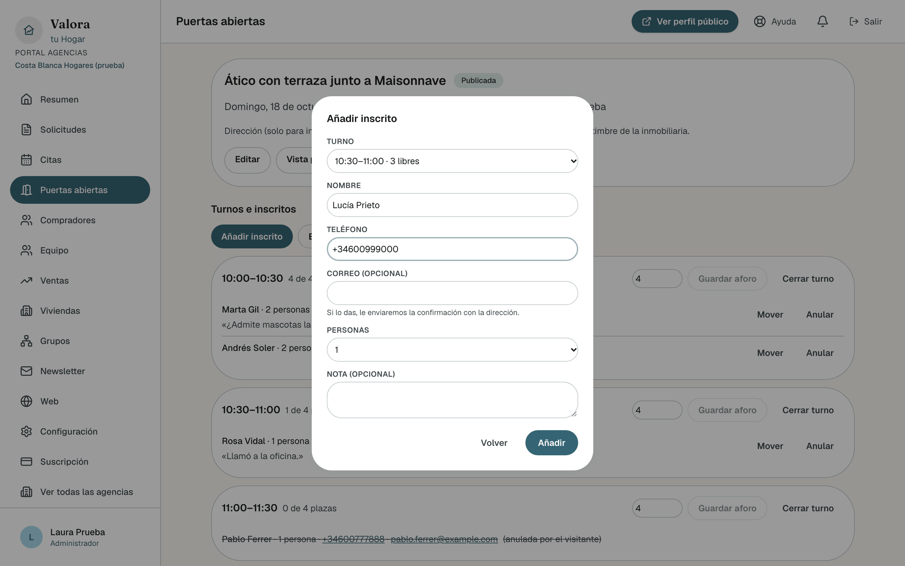 Ventana Añadir inscrito con los campos Turno, Nombre, Teléfono, Correo (opcional), Personas y Nota (opcional)