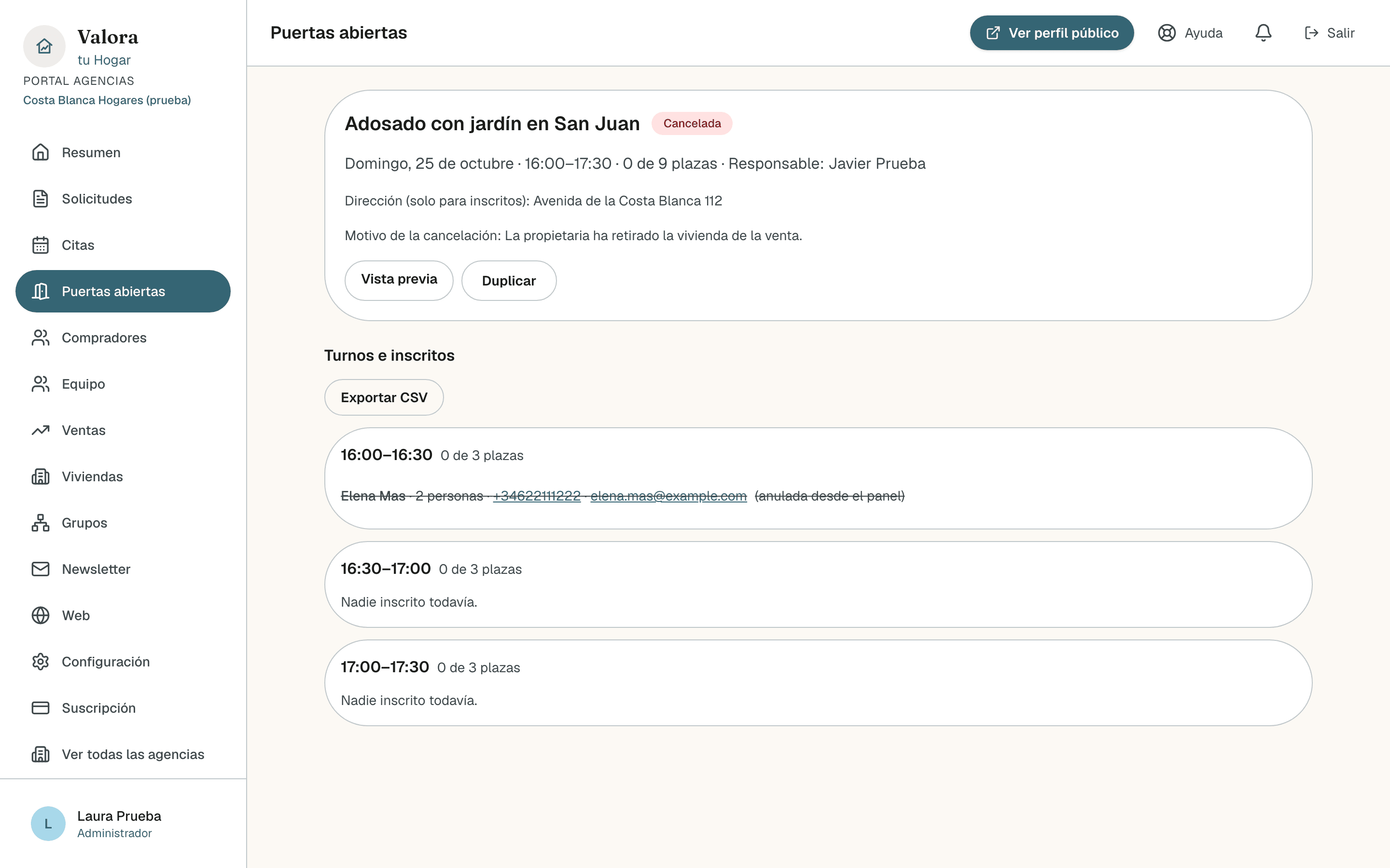 Detalle de una puerta abierta cancelada con la etiqueta Cancelada, el motivo de la cancelación y los botones Vista previa y Duplicar