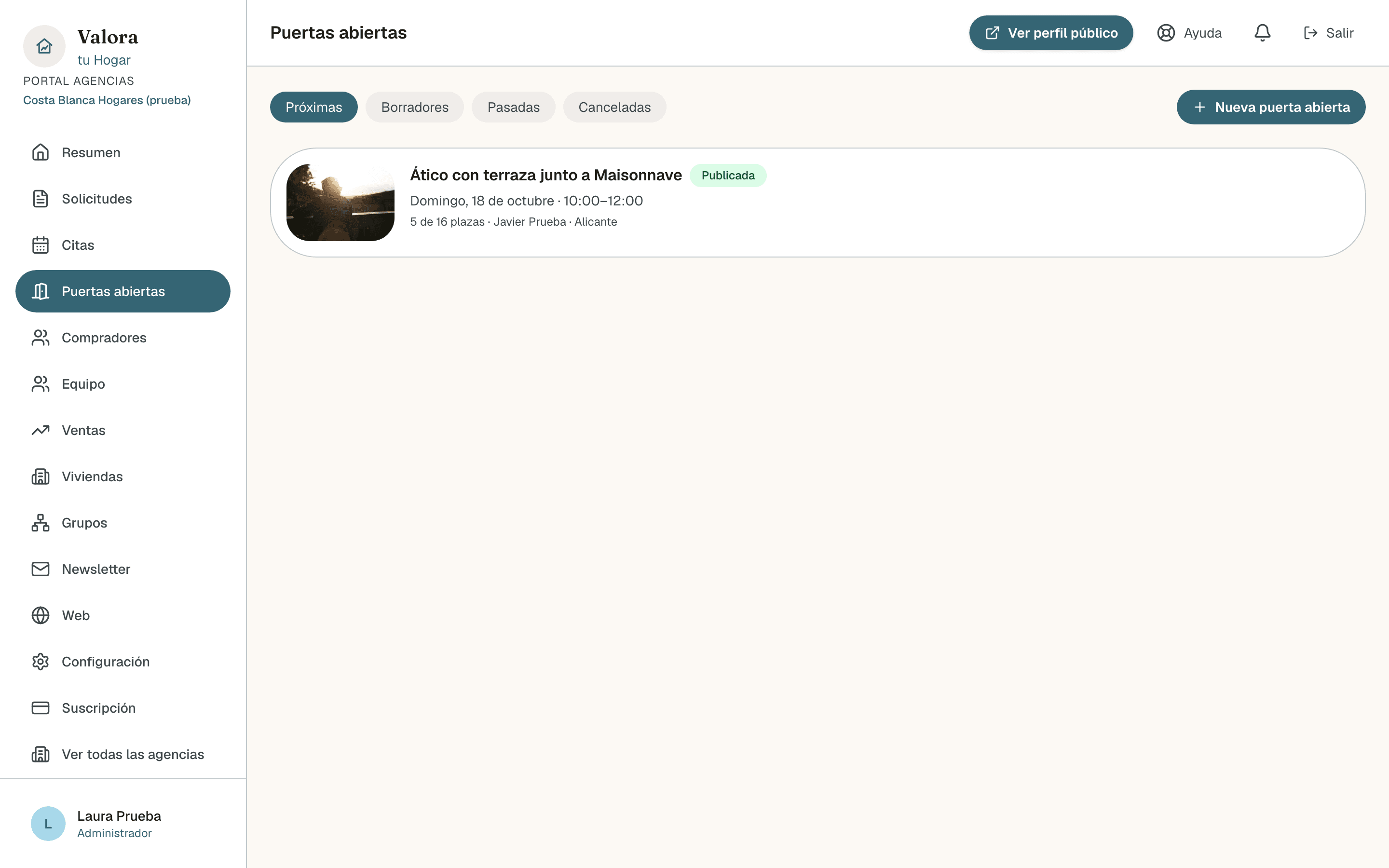 Listado de puertas abiertas del panel con las pestañas Próximas, Borradores, Pasadas y Canceladas