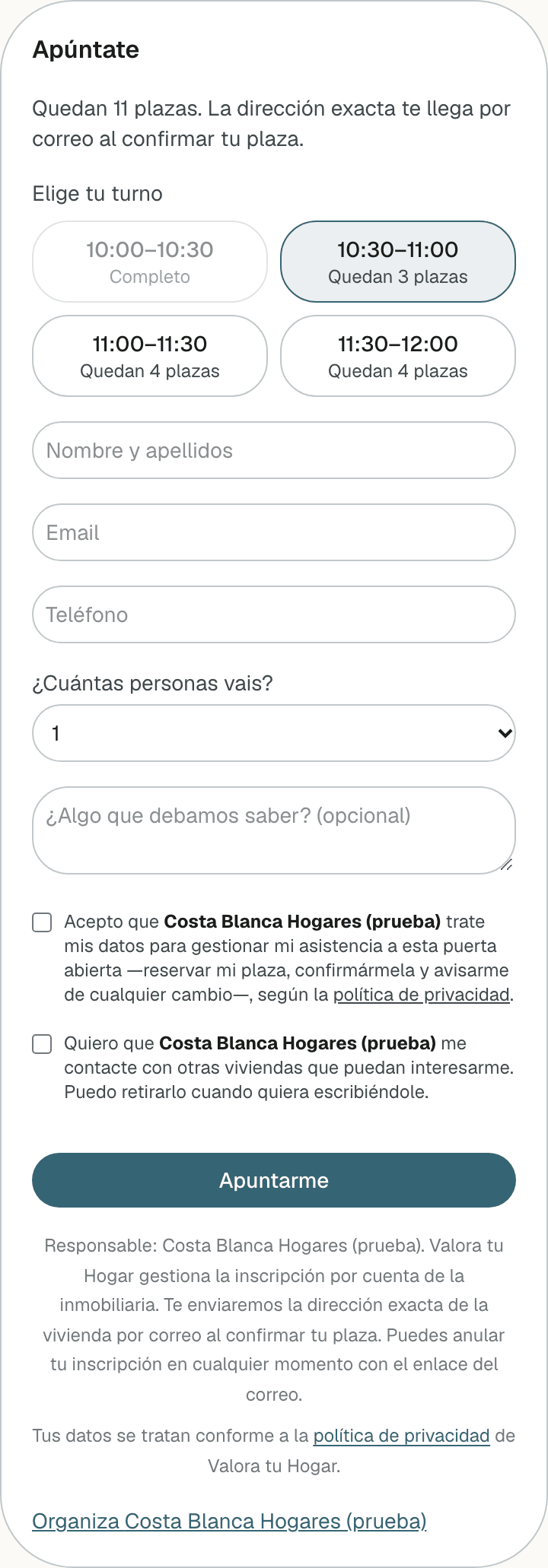 Formulario de inscripción con los turnos, los datos del comprador y las dos casillas