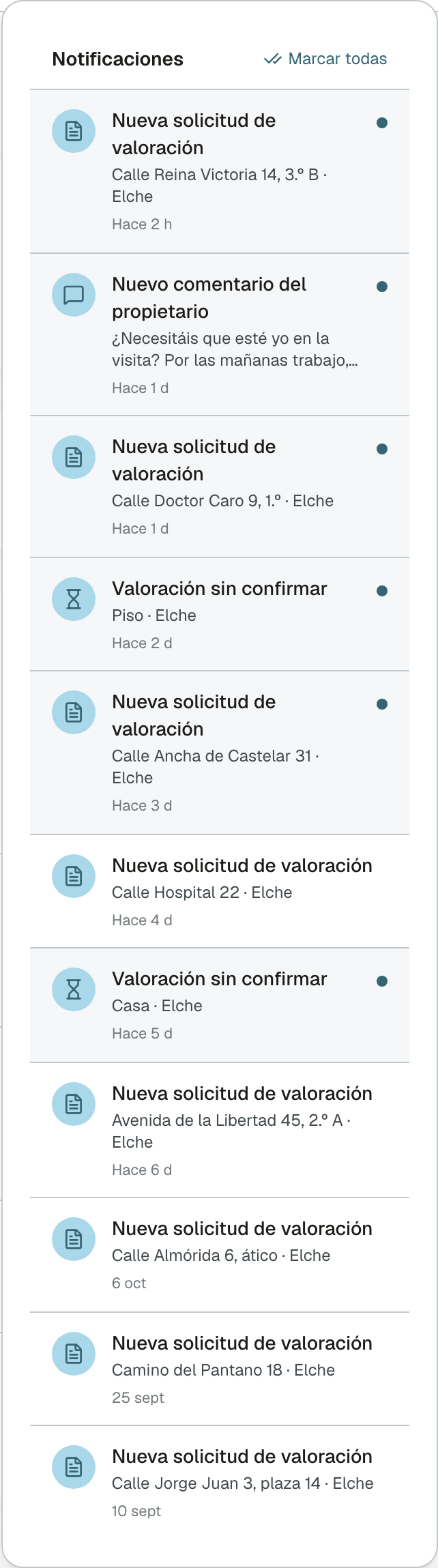 Desplegable Notificaciones con Marcar todas y una lista de avisos: Nueva solicitud de valoración con la dirección y la ciudad, Nuevo comentario del propietario con el principio del mensaje y dos Valoración sin confirmar con «Piso · Elche» y «Casa · Elche»; los sin leer, sombreados y con un punto