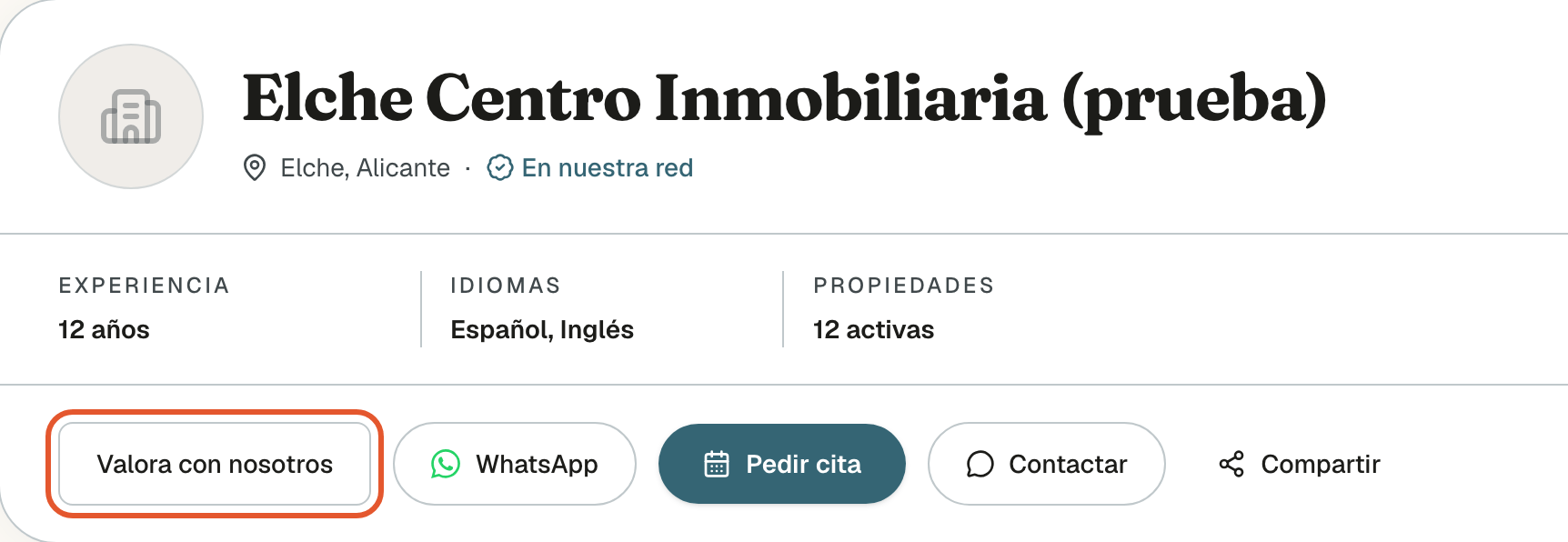 Cabecera del perfil público de una agencia con los botones Valora con nosotros, WhatsApp, Pedir cita, Contactar y Compartir; Valora con nosotros, resaltado