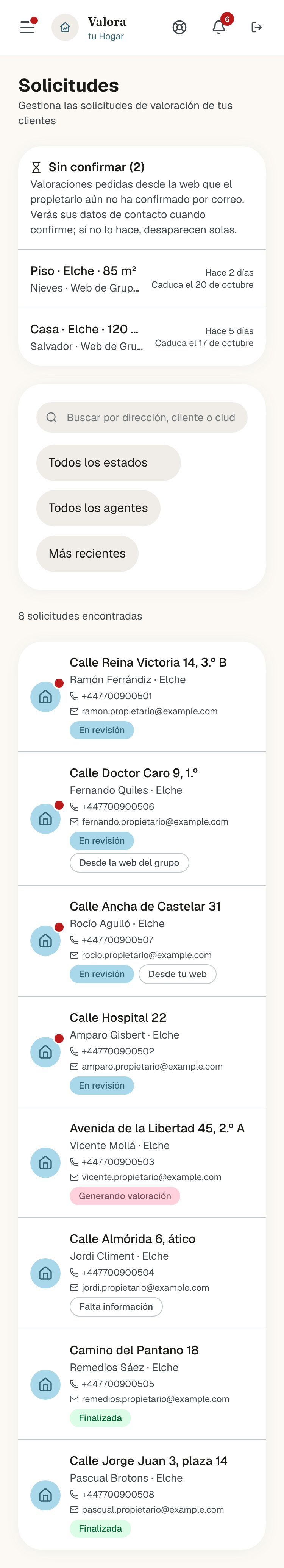 Lista de solicitudes en un móvil: el bloque Sin confirmar, los filtros uno debajo de otro y las filas con el punto rojo, la dirección, el nombre y la ciudad, el teléfono, el email y, debajo, el estado y la etiqueta de origen